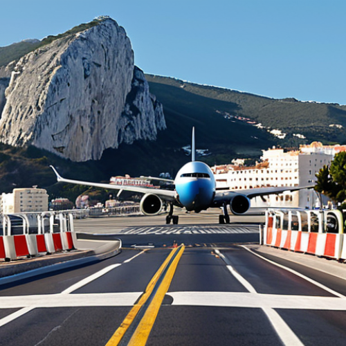 Home 4 ** A Boeing 737 airplane landing on a runway in Gibraltar, with the Winston Churchill Avenue crossing the runway. Cars and pedestrians are stopped at the barriers, waiting for the plane to pass. The Rock of Gibraltar is visible in the background. The scene captures the surreal intersection of aviation and city life.
**