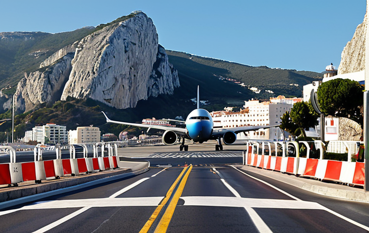 ** A Boeing 737 airplane landing on a runway in Gibraltar, with the Winston Churchill Avenue crossing the runway. Cars and pedestrians are stopped at the barriers, waiting for the plane to pass. The Rock of Gibraltar is visible in the background. The scene captures the surreal intersection of aviation and city life.
**