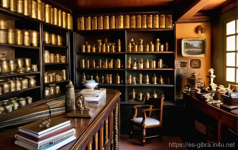 지브롤터에서 기념품 사기 - **Prompt:** A cozy, dimly lit antique shop nestled in a narrow, cobbled alleyway in Gibraltar. Sunli...