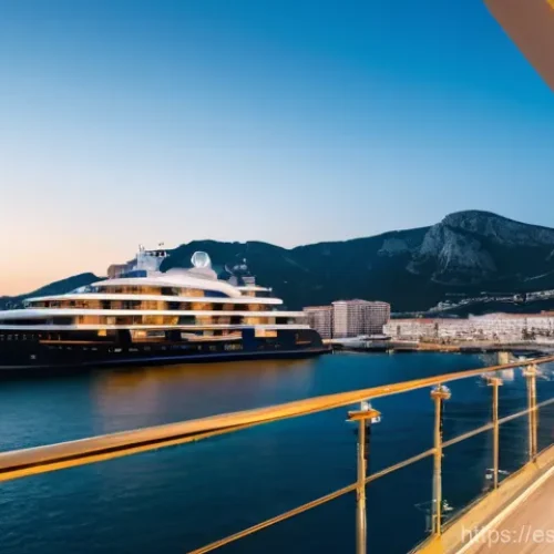 지브롤터 럭셔리 호텔 추천 - A luxurious, modern superyacht hotel docked in the vibrant Gibraltar port at golden hour. The image ...