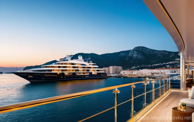 지브롤터 럭셔리 호텔 추천 - A luxurious, modern superyacht hotel docked in the vibrant Gibraltar port at golden hour. The image ...