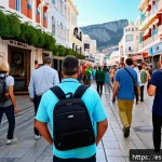 지브롤터 안전 문제 및 여행 팁 - A bustling tourist street in Gibraltar during daytime, showing diverse visitors walking carefully wh...