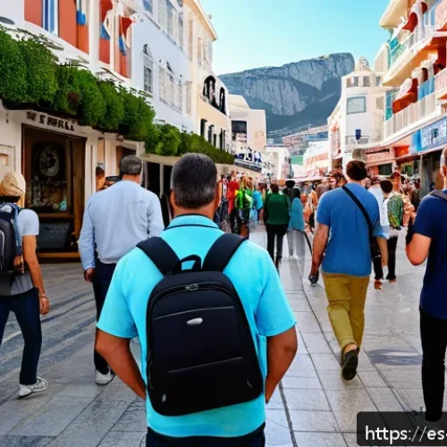 지브롤터 안전 문제 및 여행 팁 - A bustling tourist street in Gibraltar during daytime, showing diverse visitors walking carefully wh...