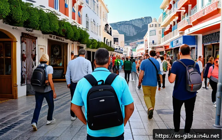 지브롤터 안전 문제 및 여행 팁 - A bustling tourist street in Gibraltar during daytime, showing diverse visitors walking carefully wh...