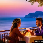 지브롤터 야간 액티비티 추천 - A charming Mediterranean terrace bar at sunset in Gibraltar, overlooking the sea and distant African...