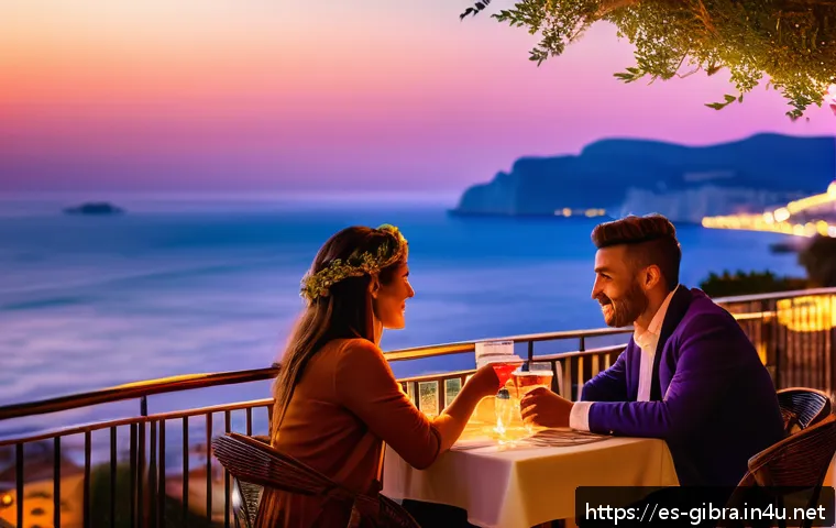 지브롤터 야간 액티비티 추천 - A charming Mediterranean terrace bar at sunset in Gibraltar, overlooking the sea and distant African...