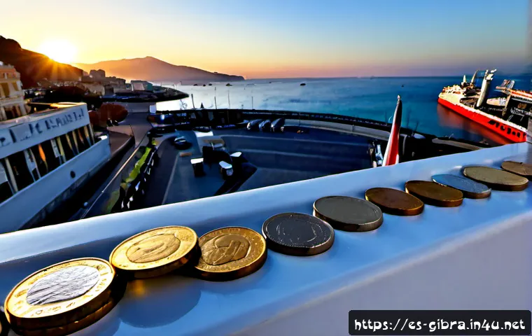 Home 15 지브롤터의 경제 상황 - Photorealistic wide-angle view of Gibraltar’s busy waterfront economy at golden morning light, the R...